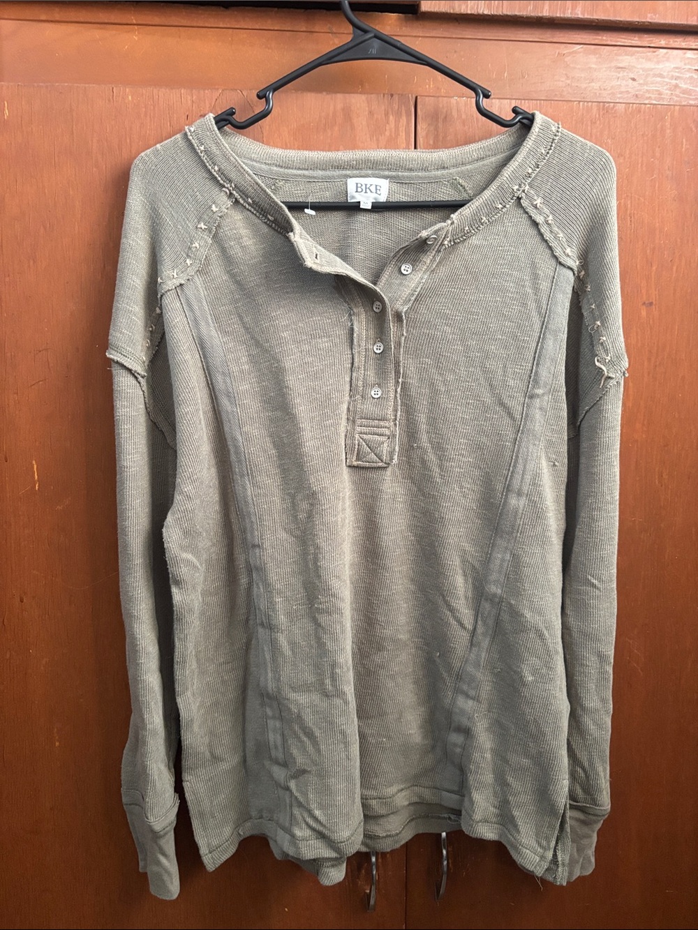 BKE Olive Distressed Henley Waffle Knit Top